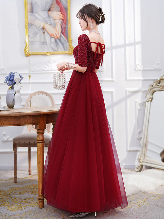 Vestido de noche de puerta trasera de compromiso rojo vino manga larga femenina