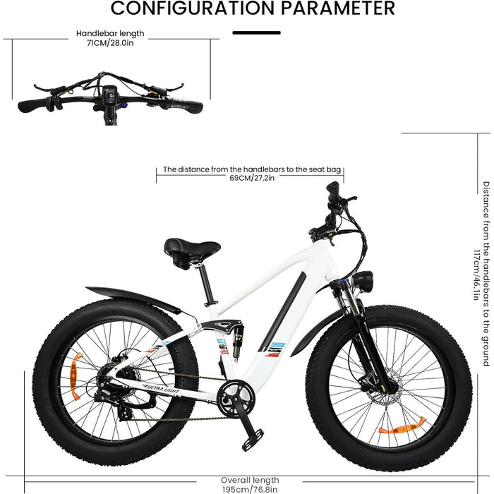 Bicicleta elétrica para adultos - motor de 500 W, bateria removível de velocidade de 25 MPH 48 V 12AH, bicicleta elétrica com pneu grosso de 26 polegadas, bicicleta de montanha alimentada por bateria de 8 velocidades