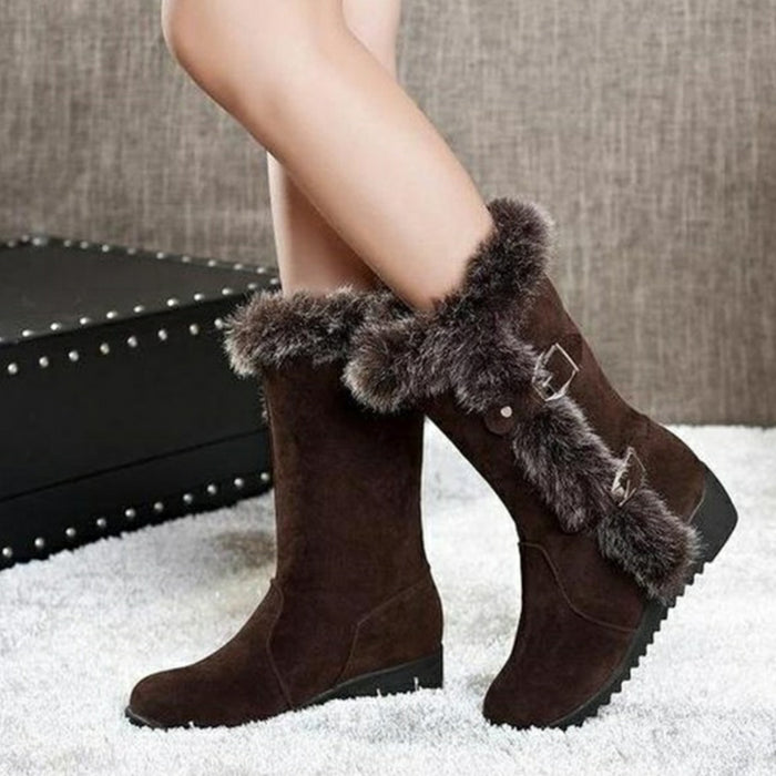 Botas marrones nuevas de invierno para mujer, botas informales de piel cálida a media pantorrilla, zapatos para mujer, zapatos planos sin cordones con punta redonda, botas para la nieve