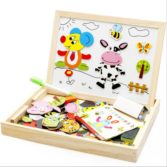 Rompecabezas magnético de madera para niños, caja con rompecabezas 3D, figura de animales, tablero para escribir y dibujar, juguetes educativos de aprendizaje para niños