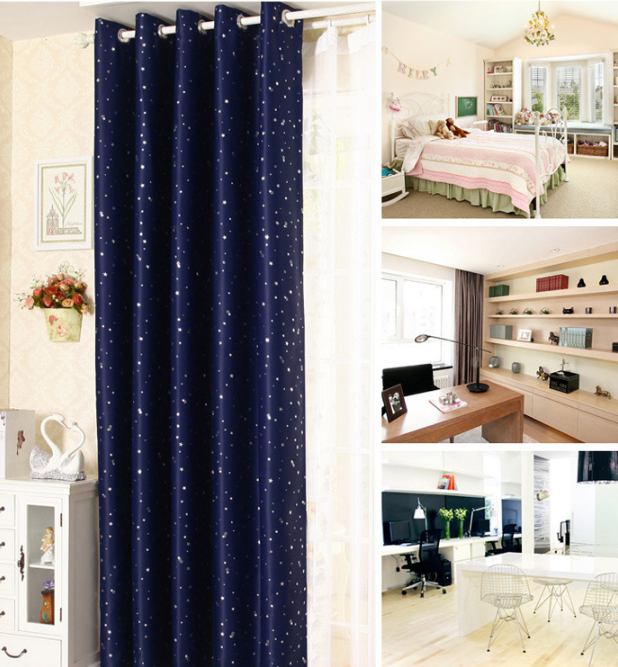 Cortina acabada perforada con estampado de estrellas.