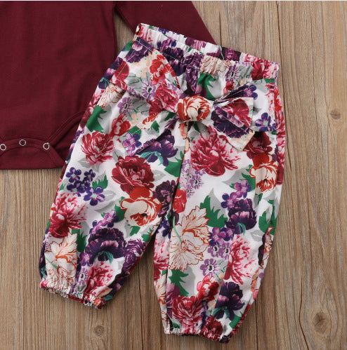 Zinnia ensemble 3 pièces nouveau-né bébé filles 2021 rouge hauts solide barboteuse pantalon à fleurs bandeau tenues automne ensemble vêtements