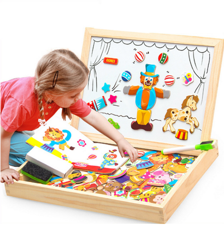 Rompecabezas magnético de madera para niños, caja con rompecabezas 3D, figura de animales, tablero para escribir y dibujar, juguetes educativos de aprendizaje para niños
