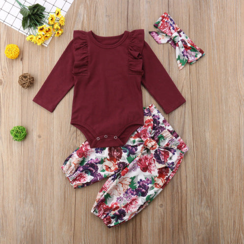Zinnia ensemble 3 pièces nouveau-né bébé filles 2021 rouge hauts solide barboteuse pantalon à fleurs bandeau tenues automne ensemble vêtements