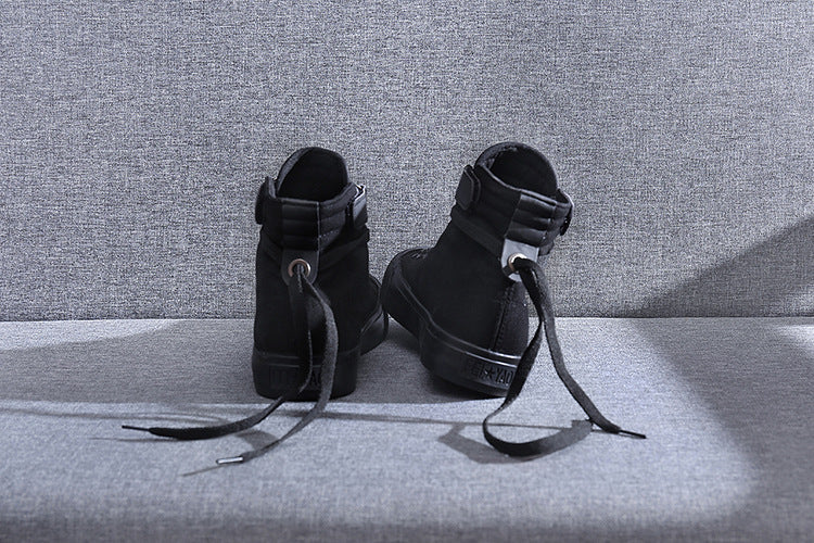 Sapatos de lona de cano alto coreano casual all-match fivela de salto plano branco estudante tendência esportes