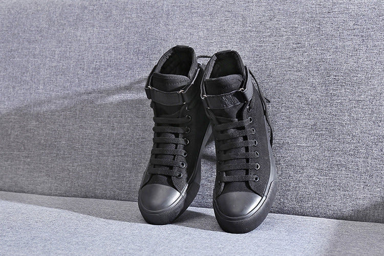 Sapatos de lona de cano alto coreano casual all-match fivela de salto plano branco estudante tendência esportes