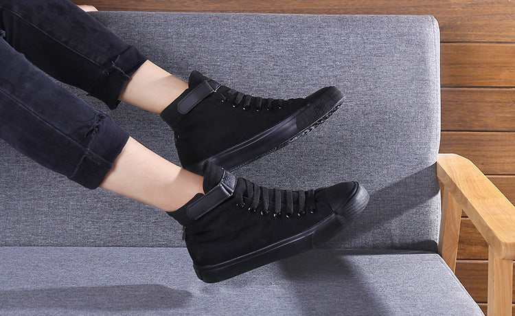 Sapatos de lona de cano alto coreano casual all-match fivela de salto plano branco estudante tendência esportes