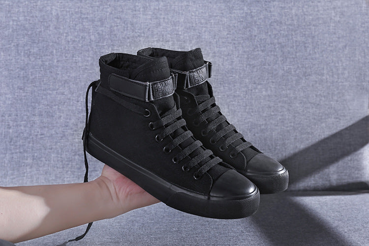 Sapatos de lona de cano alto coreano casual all-match fivela de salto plano branco estudante tendência esportes