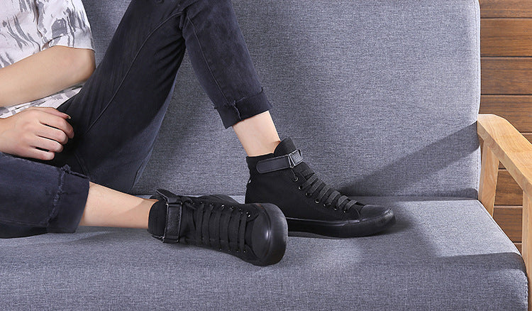 Sapatos de lona de cano alto coreano casual all-match fivela de salto plano branco estudante tendência esportes