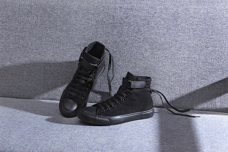 Sapatos de lona de cano alto coreano casual all-match fivela de salto plano branco estudante tendência esportes
