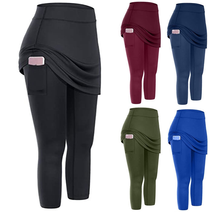 Leggings con falda de tenis para mujer, bolsillos, elásticos, deportivos, Yoga, Capris, faldas, Legging