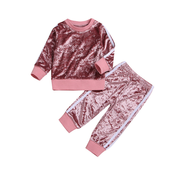 Set di vestiti traspiranti Carino moda O-Collo manica lunga Felpa in velluto dorato Pantaloni Abiti morbidi Set di tute per neonate