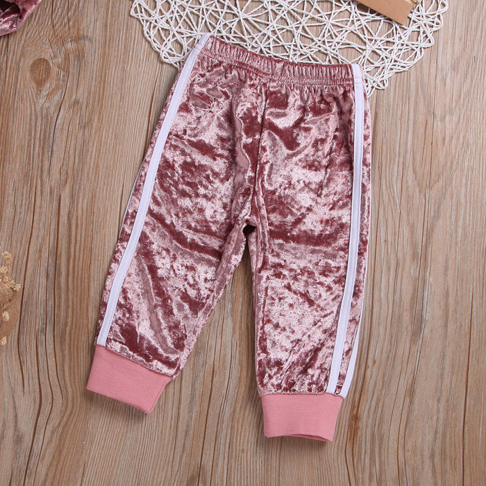 Set di vestiti traspiranti Carino moda O-Collo manica lunga Felpa in velluto dorato Pantaloni Abiti morbidi Set di tute per neonate