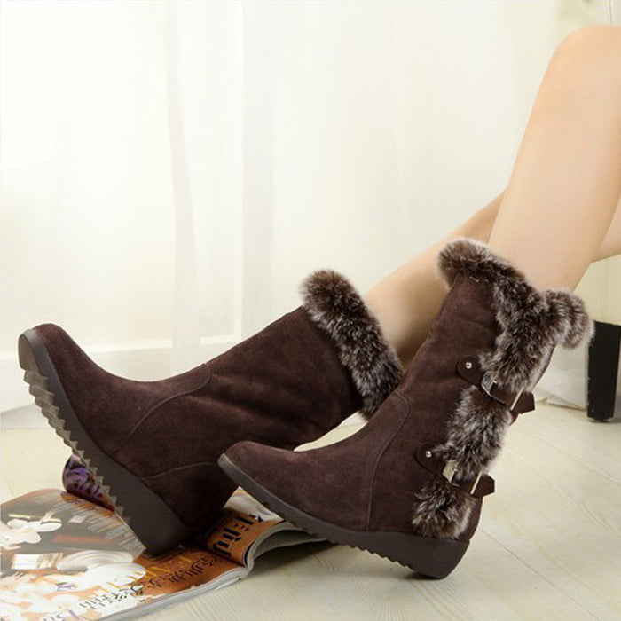 Botas marrones nuevas de invierno para mujer, botas informales de piel cálida a media pantorrilla, zapatos para mujer, zapatos planos sin cordones con punta redonda, botas para la nieve
