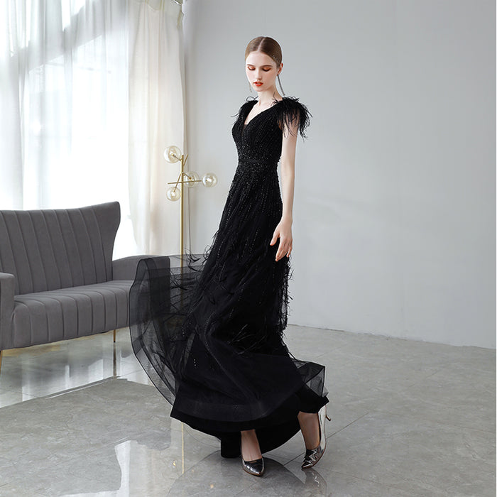 Vestido de noche negro con doble hombro Mujer