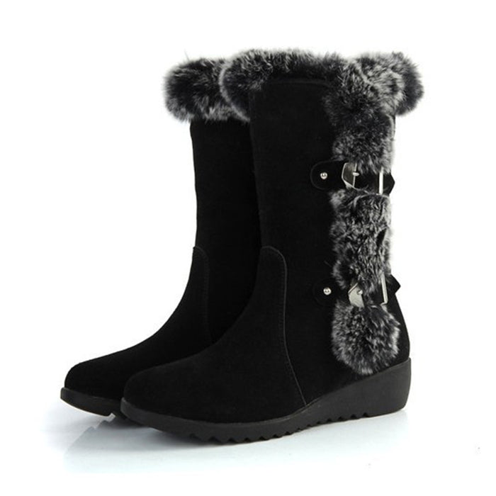 Botas marrones nuevas de invierno para mujer, botas informales de piel cálida a media pantorrilla, zapatos para mujer, zapatos planos sin cordones con punta redonda, botas para la nieve