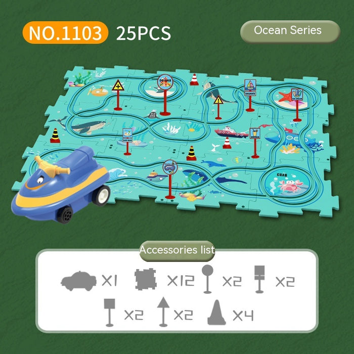 Carro de trilho elétrico brinquedo multifuncional cena DIY quebra-cabeça