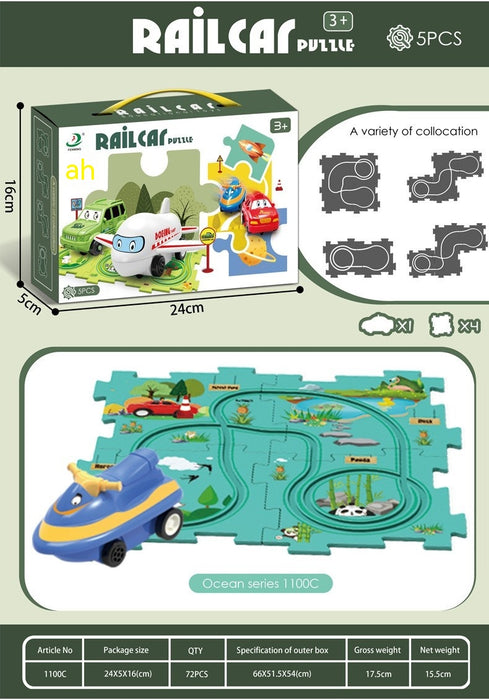 Carro de trilho elétrico brinquedo multifuncional cena DIY quebra-cabeça