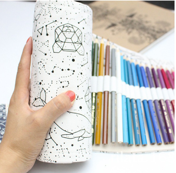 Estuche para lápices de gran capacidad con agujeros, bolsa enrollable de lona escolar, caja de lápices de colores, bolsa para bolígrafos con pincel para bocetos de constelación