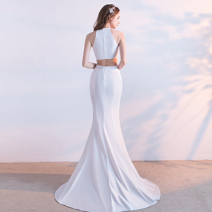 Bride fashion long red fishtail hanging neck wedding banquet evening dress