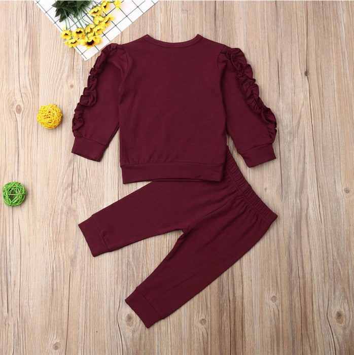 Bebê recém-nascido meninos meninas babados jumper sólido manga longa moletom topos calças infantis crianças 2 pçs roupas conjunto outono