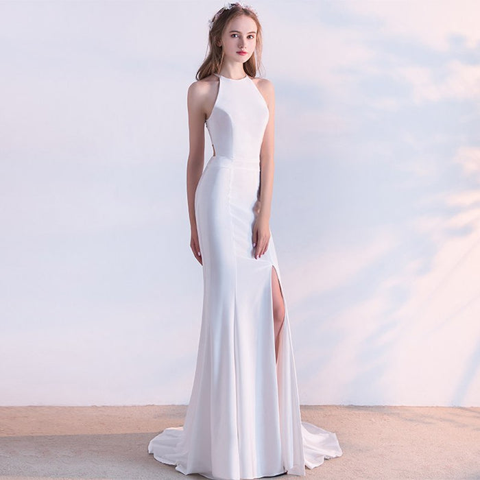 Bride fashion long red fishtail hanging neck wedding banquet evening dress
