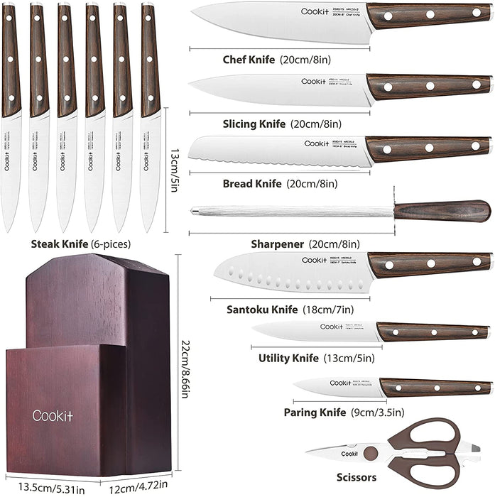 Kitchen Knife Sets, 15 Piece Knife Sets with Block for Kitchen Chef Knife Stainless Steel Knives Set Serrated Steak Knives with Manual Sharpener Knife