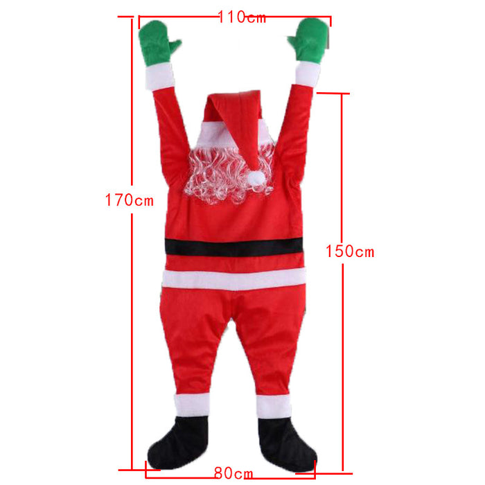 Papá Noel sube a la pared para decorar ropa, adornos, regalos, decoración navideña
