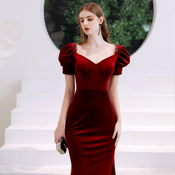 Vestido De Noche Cola De Pescado Rojo Vino Mujer