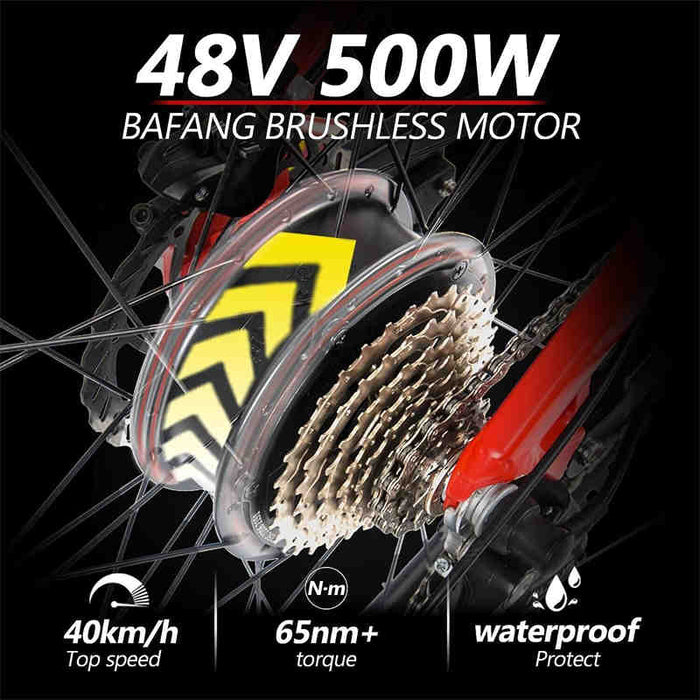 Bicicleta eléctrica eléctrica roja de 500 W - Bicicleta de montaña eléctrica de 27,5 pulgadas 48 V 27 velocidades - Motor Bafang
