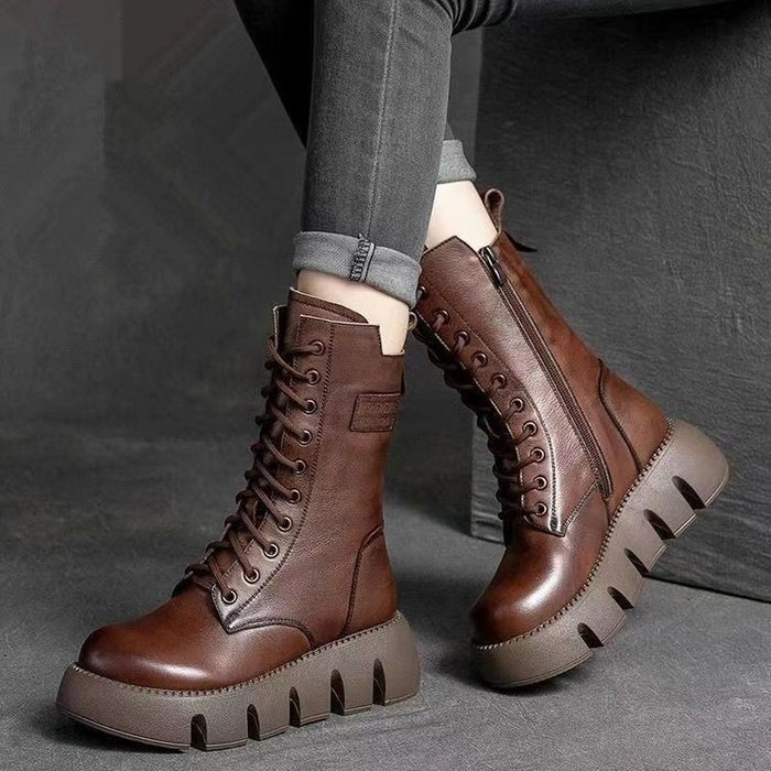 Botas retro para mujer Zapatos con cordones Otoño e invierno Botas británicas con hebilla alta versátiles
