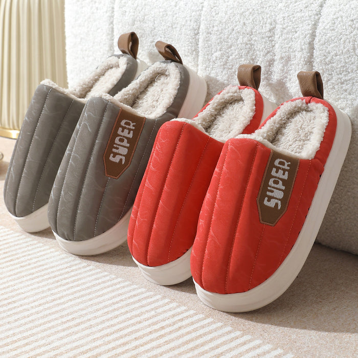 Chinelos listrados para casa, à prova d'água, sola grossa, antiderrapante, quente, de pelúcia, para mulheres, sapatos de casa, casal, outono e inverno
