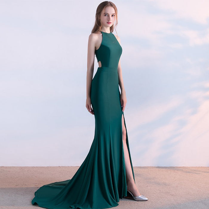Bride fashion long red fishtail hanging neck wedding banquet evening dress