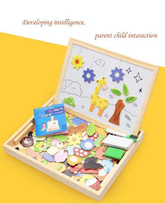 Rompecabezas magnético de madera para niños, caja con rompecabezas 3D, figura de animales, tablero para escribir y dibujar, juguetes educativos de aprendizaje para niños