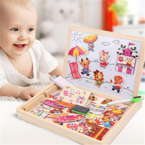 Rompecabezas magnético de madera para niños, caja con rompecabezas 3D, figura de animales, tablero para escribir y dibujar, juguetes educativos de aprendizaje para niños