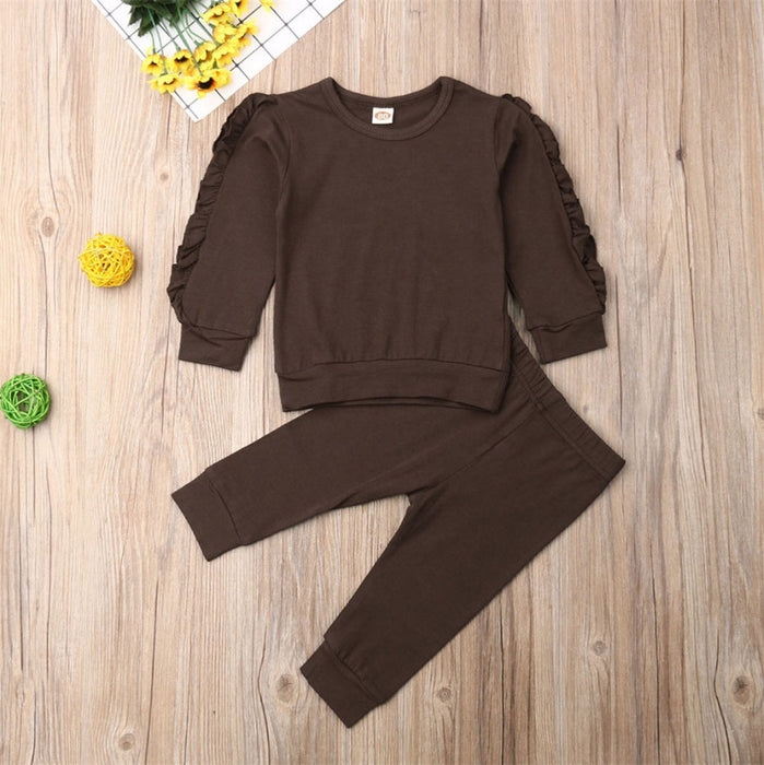 Bebê recém-nascido meninos meninas babados jumper sólido manga longa moletom topos calças infantis crianças 2 pçs roupas conjunto outono