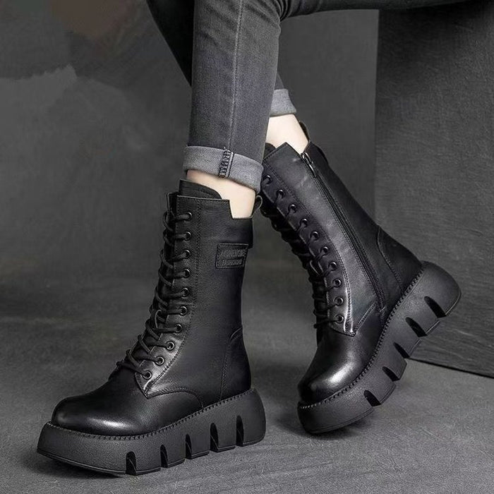 Botas retro para mujer Zapatos con cordones Otoño e invierno Botas británicas con hebilla alta versátiles