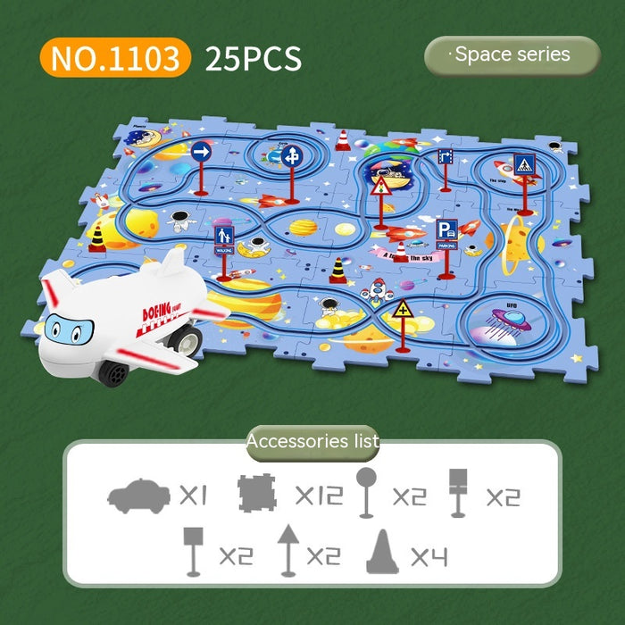 Carro de trilho elétrico brinquedo multifuncional cena DIY quebra-cabeça