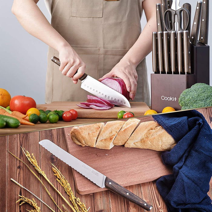 Kitchen Knife Sets, 15 Piece Knife Sets with Block for Kitchen Chef Knife Stainless Steel Knives Set Serrated Steak Knives with Manual Sharpener Knife