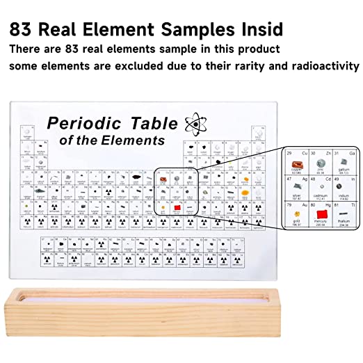Tabla periódica con 83 tipos de elementos reales en el interior, muestras de tabla periódica acrílica de elementos, fácil de leer, regalos creativos para estudiantes y amantes de la ciencia