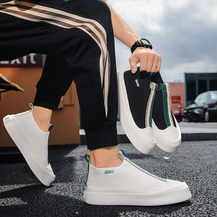 Mocasines de malla transpirables tejidos voladores para hombre, zapatos de Skate simples de suela gruesa a la moda, todo fósforo