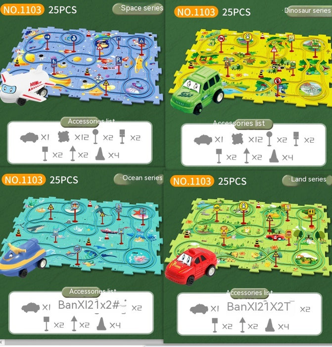Carro de trilho elétrico brinquedo multifuncional cena DIY quebra-cabeça