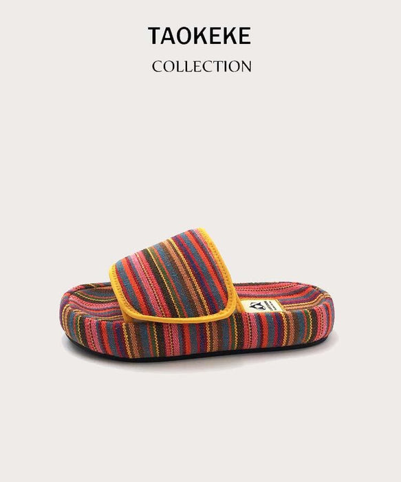 Thick-soled Slippers for Women Design Rainbow Color Canvas Casual Outerwear Flip Flops