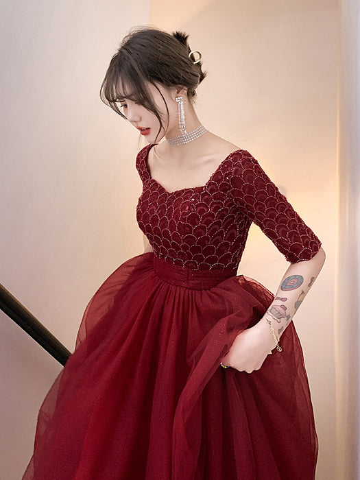 Vestido de noche de puerta trasera de compromiso rojo vino manga larga femenina