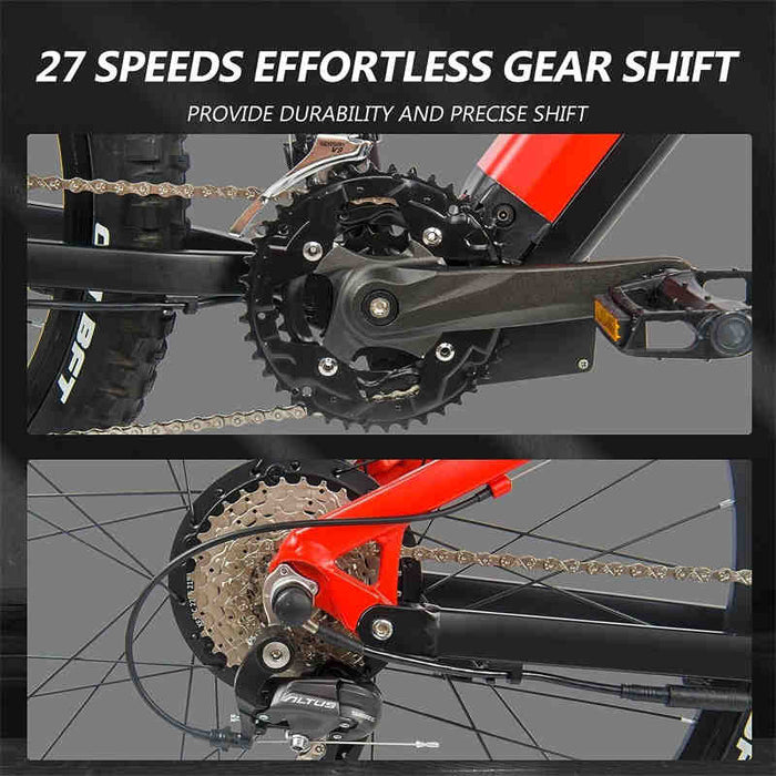 Bicicleta eléctrica eléctrica roja de 500 W - Bicicleta de montaña eléctrica de 27,5 pulgadas 48 V 27 velocidades - Motor Bafang