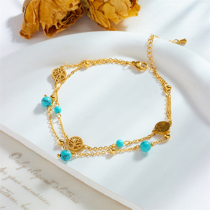 Turquoise Pendant Lucky Tree Connecting Double Layer Bracelet
