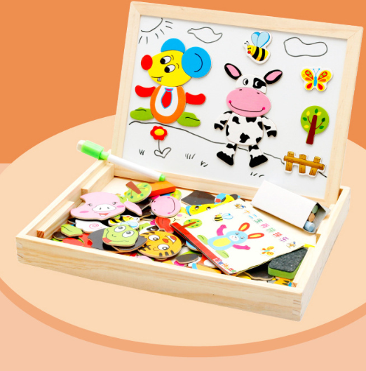 Rompecabezas magnético de madera para niños, caja con rompecabezas 3D, figura de animales, tablero para escribir y dibujar, juguetes educativos de aprendizaje para niños