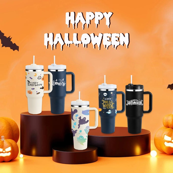 Halloween Thermobecher 1.2 Liter Strohhalm Kaffee Isolierung Tasse mit Griff Portable Auto Edelstahl Wasserflasche Große Kapazität Reisen BPA frei Thermobecher