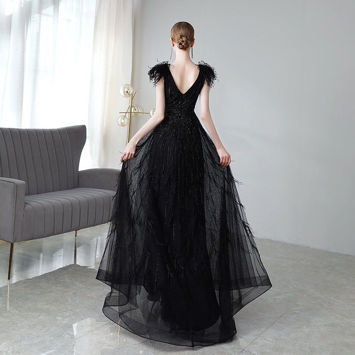 Vestido de noche negro con doble hombro Mujer