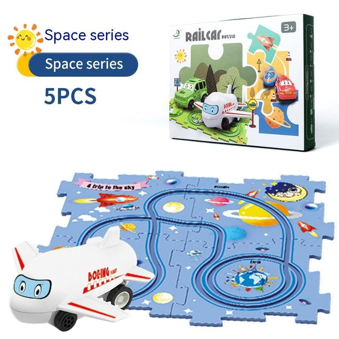 Carro de trilho elétrico brinquedo multifuncional cena DIY quebra-cabeça